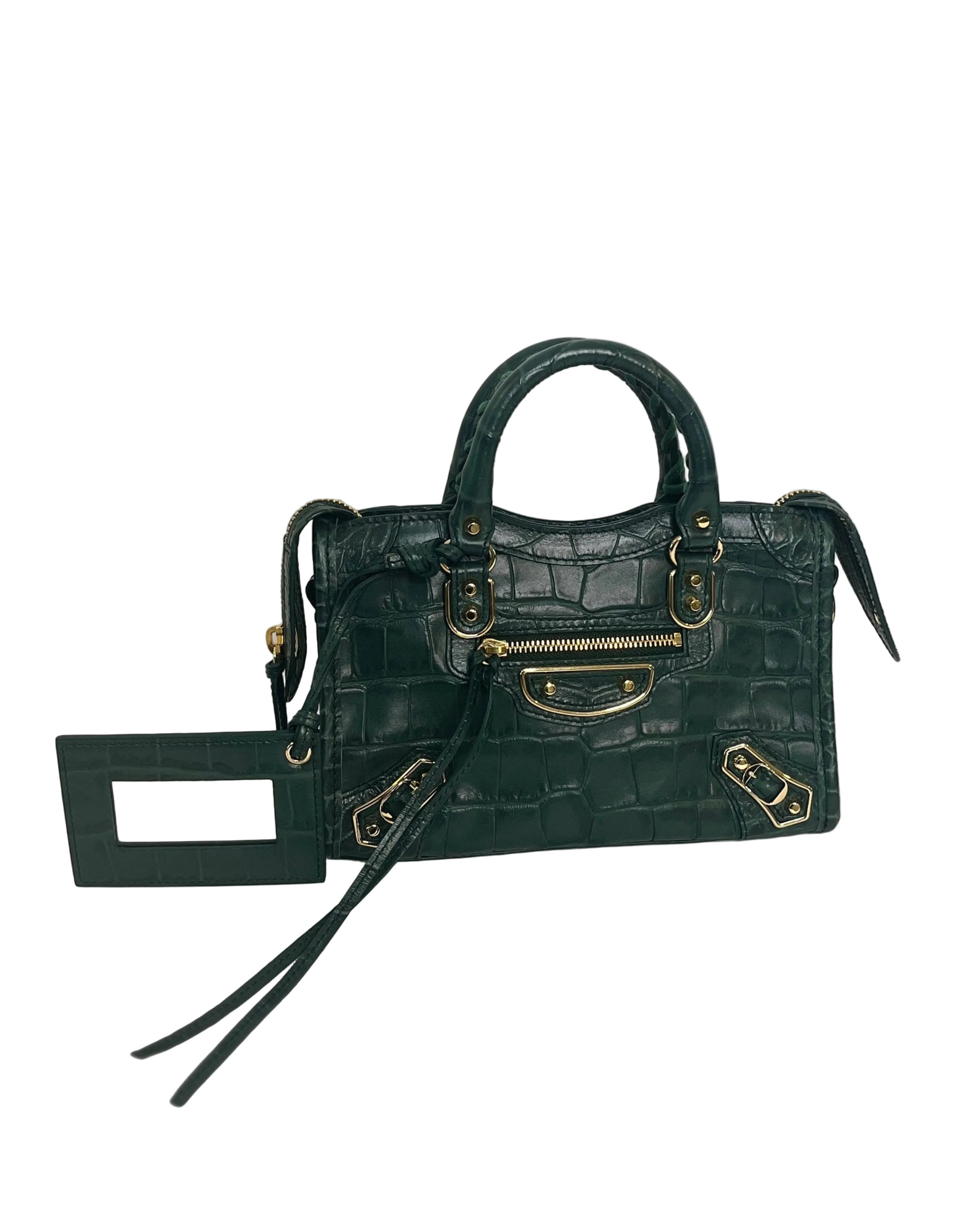 BALENCIAGA | Mini city cuir embossé crocodile vert