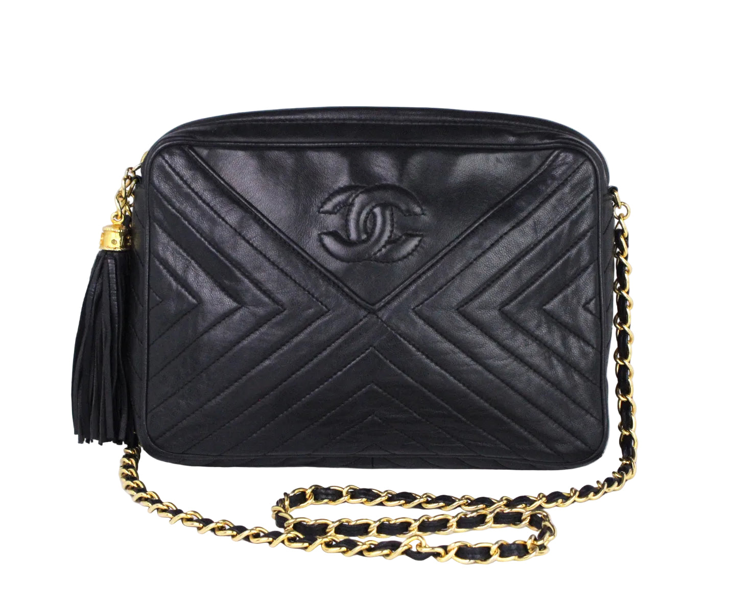 CHANEL Camera Chevrons Pompon Lambskin