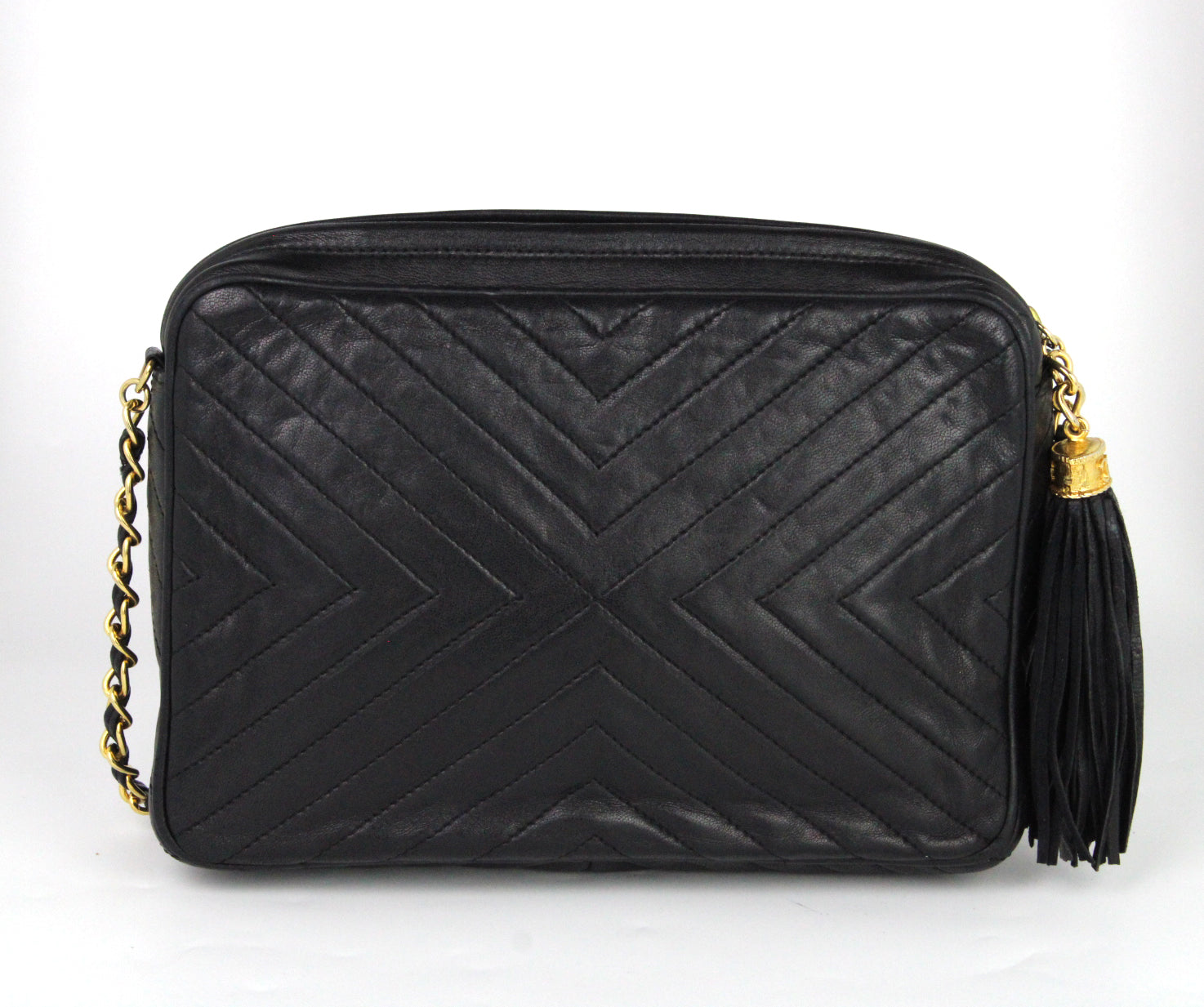 CHANEL Camera Chevrons Pompon Lambskin