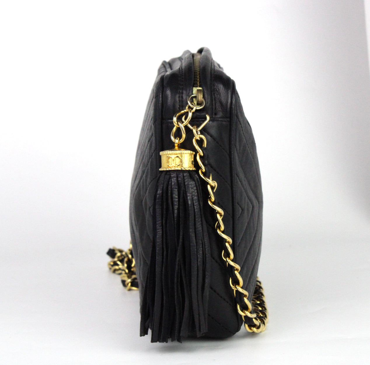 CHANEL Camera Chevrons Pompon Lambskin