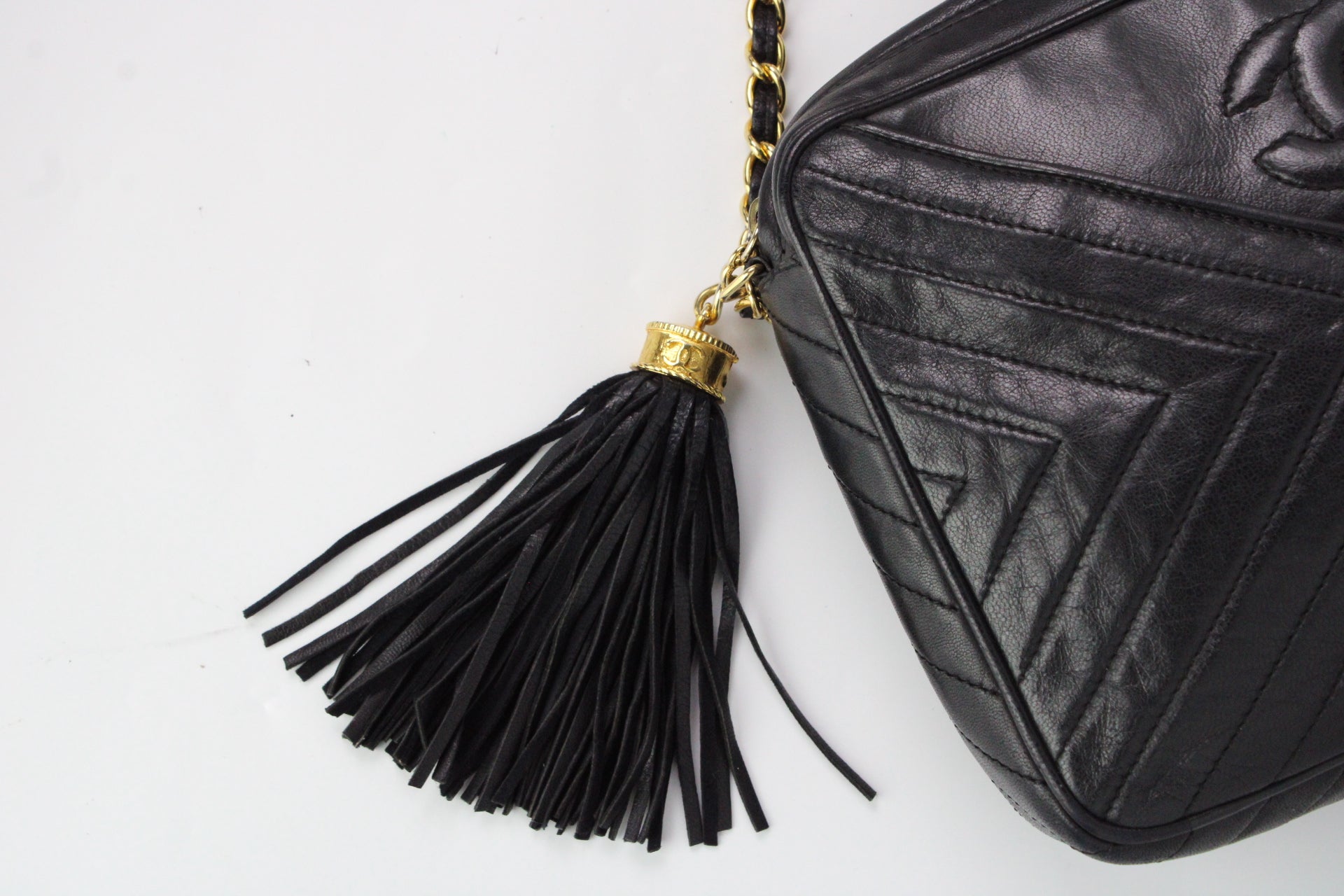 CHANEL Camera Chevrons Pompon Lambskin