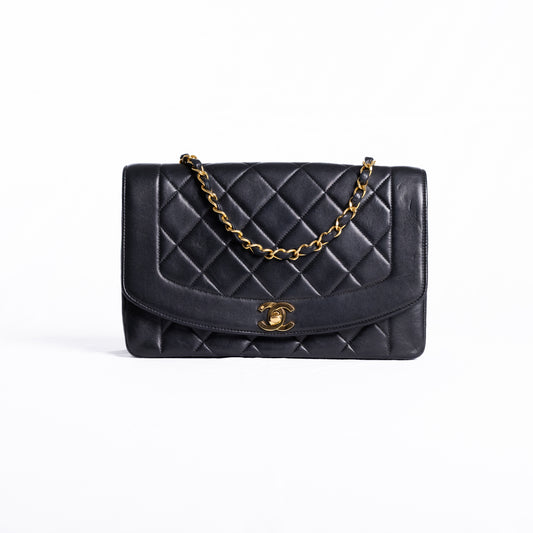 Vintage CHANEL Diana single Flap Bag en cuir d'agneau noir + certificat entrupy